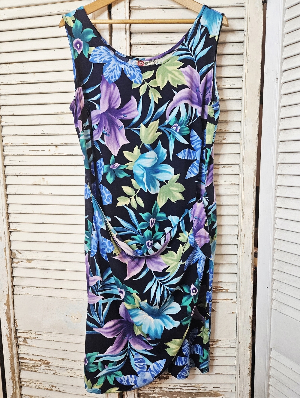 Vintage 90s Hilo Hattie Floral Hawaiian Shift Dress With Tie Sarong Front Large